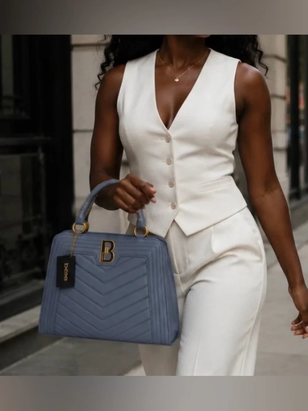 bebe Katrina Quilted Top-Handle Satchel in Slate Blue with Gold Hardware